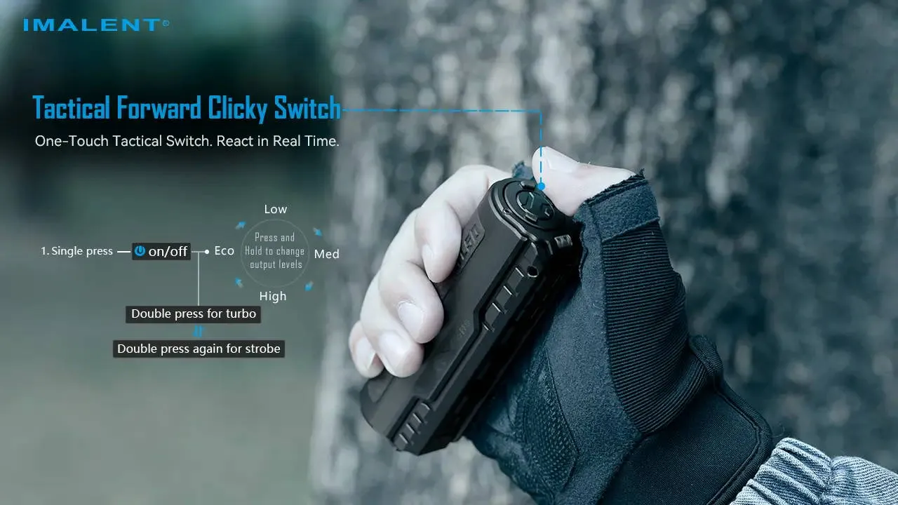 Hand holding the Imalent BTL50 flashlight, demonstrating the tactical forward clicky switch and its functions.