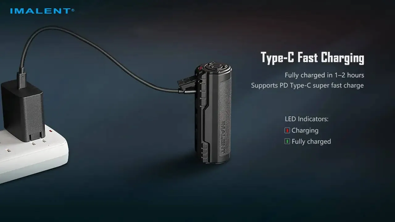 Imalent BTL50 flashlight charging via Type-C cable, showing fast charging capability and LED indicators.