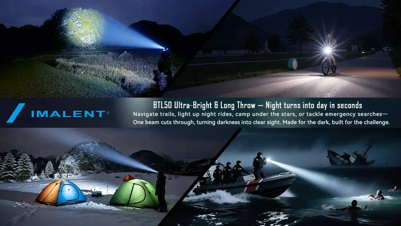 Imalent BTL50 flashlight's ultra-bright, long-throw beam in four outdoor scenes: field, cycling, camping, boating.