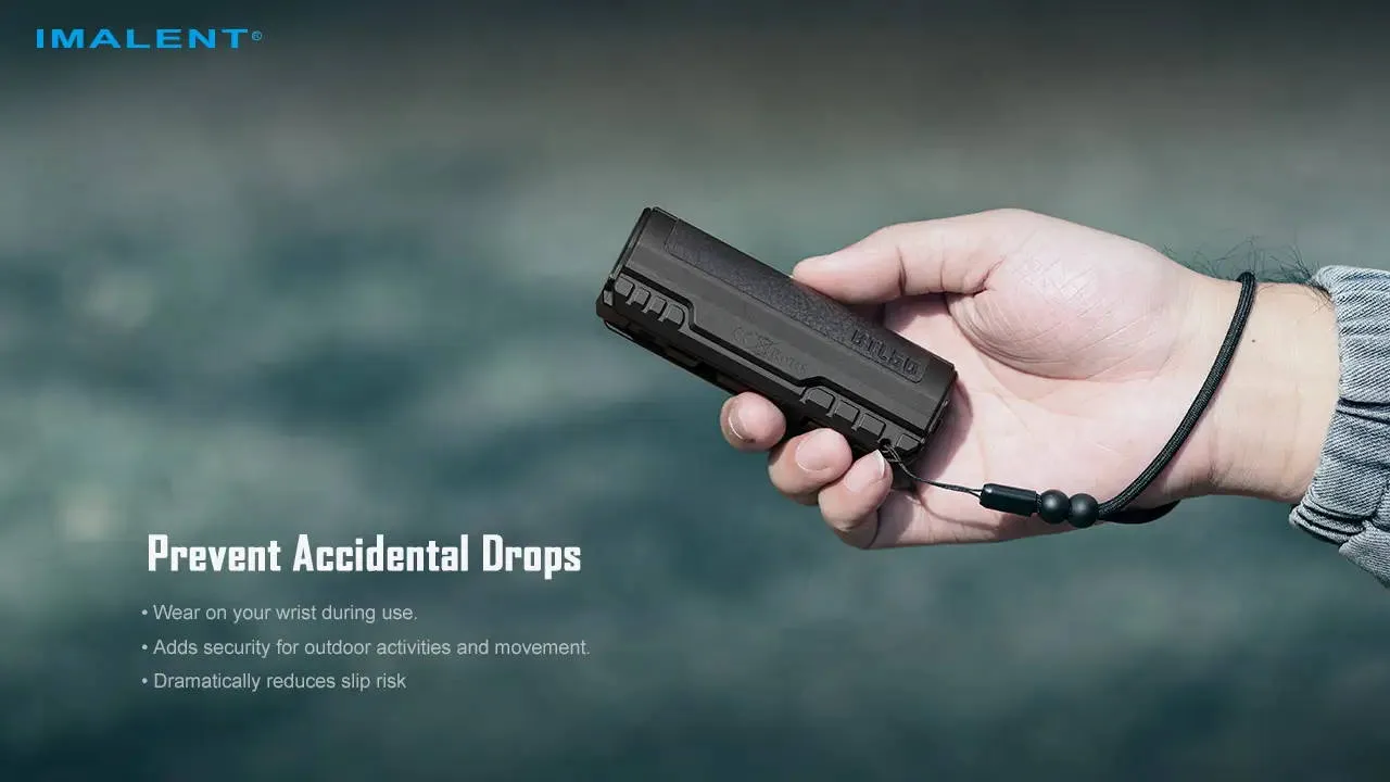 Hand holding the Imalent BTL50 flashlight with a wrist lanyard, designed to prevent accidental drops.