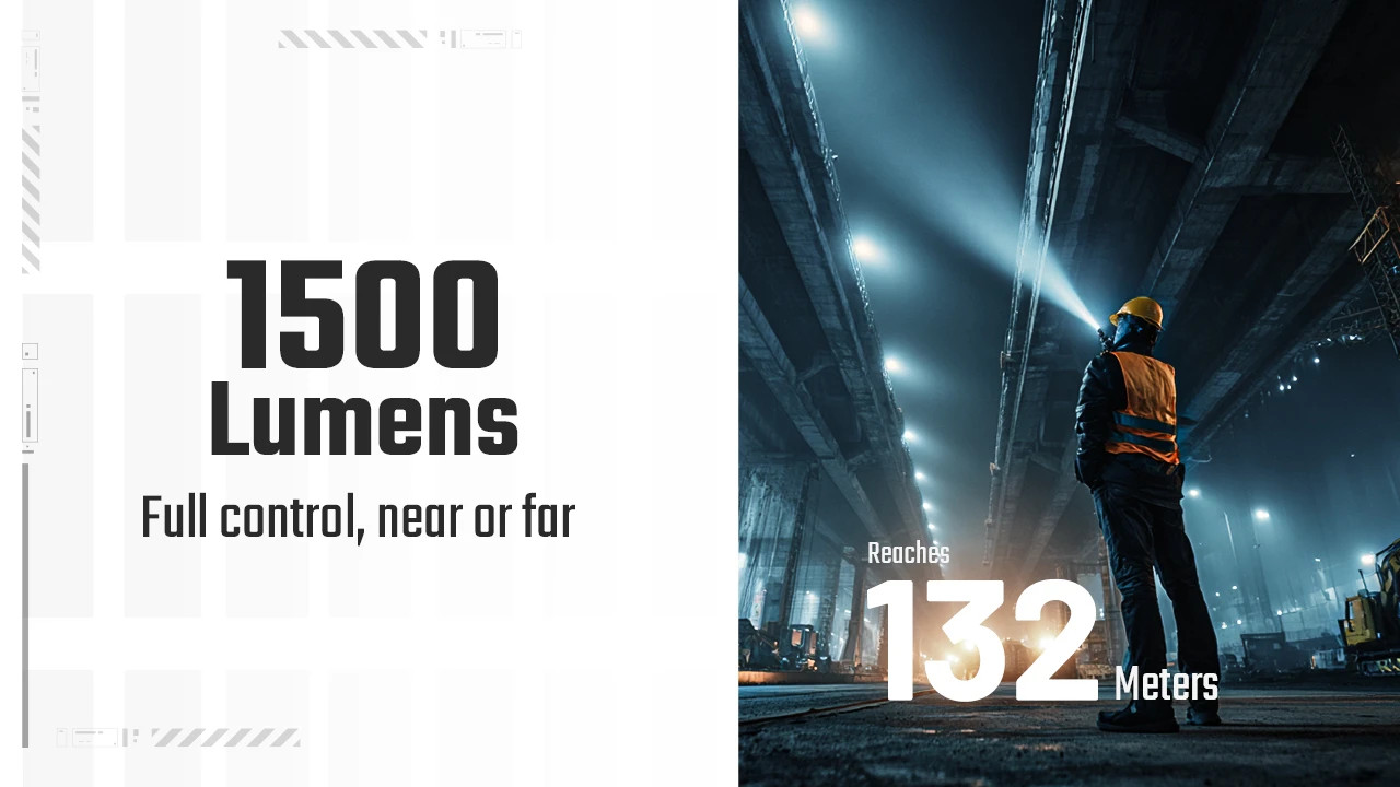 Nitecore EDC07 flashlight emitting 1500 lumens, reaching 132 meters, used by a worker in a large industrial space.