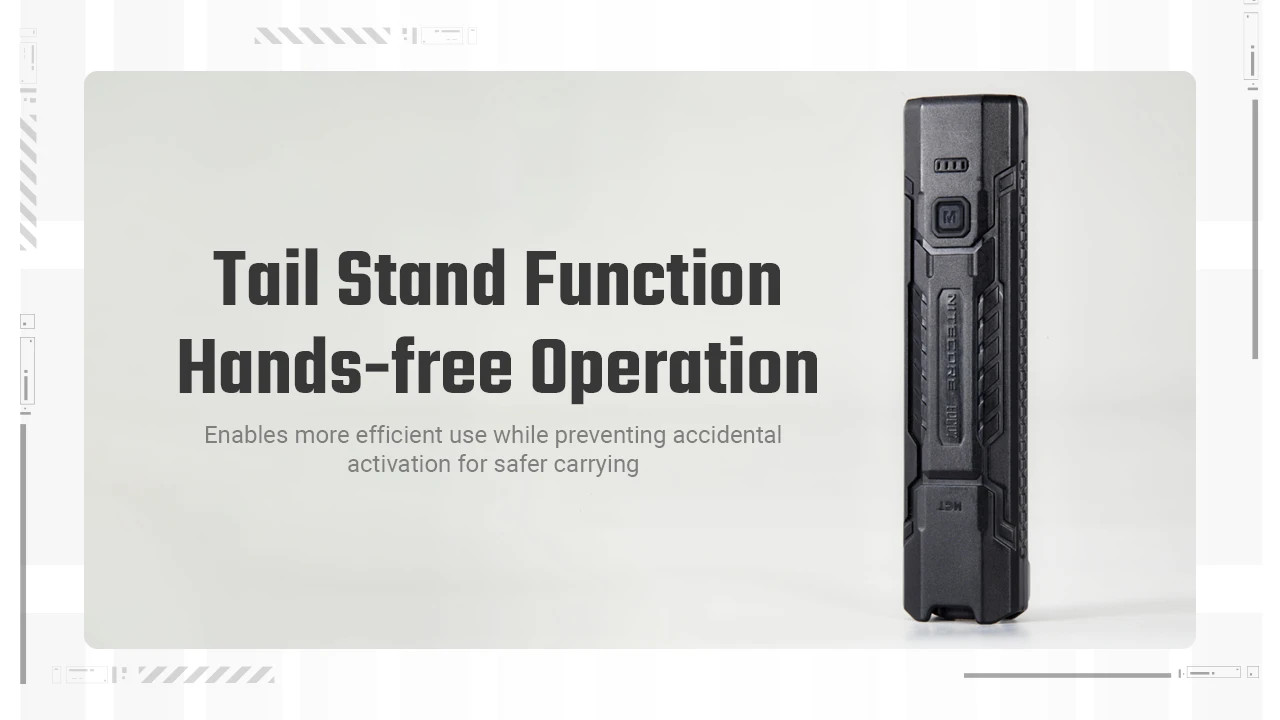 Nitecore EDC07 flashlight demonstrating its tail stand function for convenient hands-free operation.