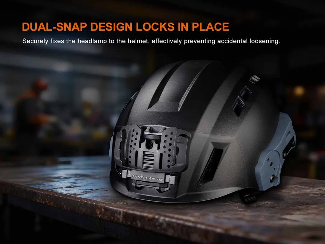 Fenix ALG-04 V2.0 Headlamp Helmet Attachment mounted on a tactical helmet, highlighting its dual-snap design.