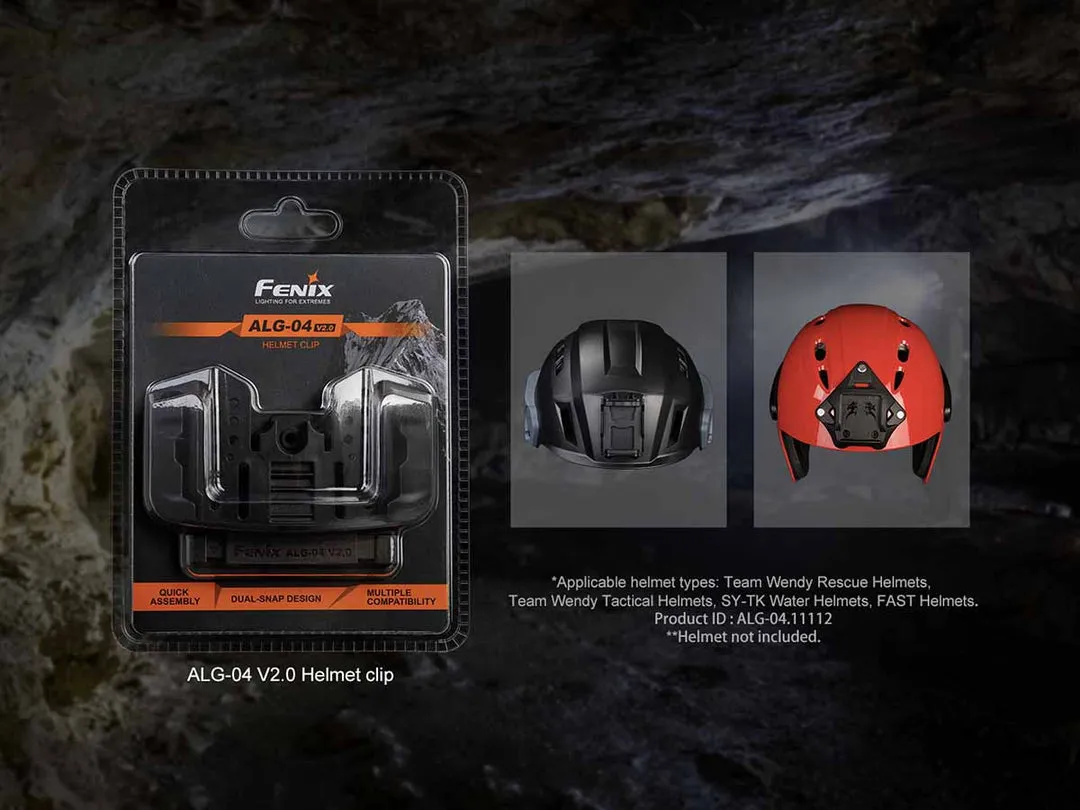 Fenix ALG-04 V2.0 Headlamp Helmet Attachment in retail packaging, showing compatible helmet types.