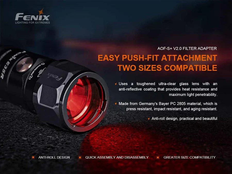 Close-up of Fenix AOF-S+ V2.0 - Red Filter attached to a flashlight, emitting a red beam.
