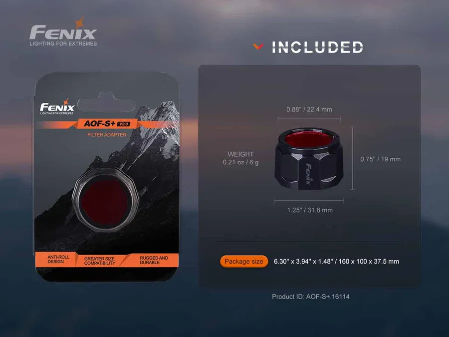 Fenix AOF-S+ V2.0 - Red Filter in retail packaging with detailed product dimensions and weight.