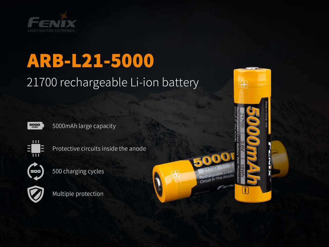 Fenix ARB-L21-5000 V2.0 Protected Rechargeable 21700 Li-ion battery with key features highlighted.