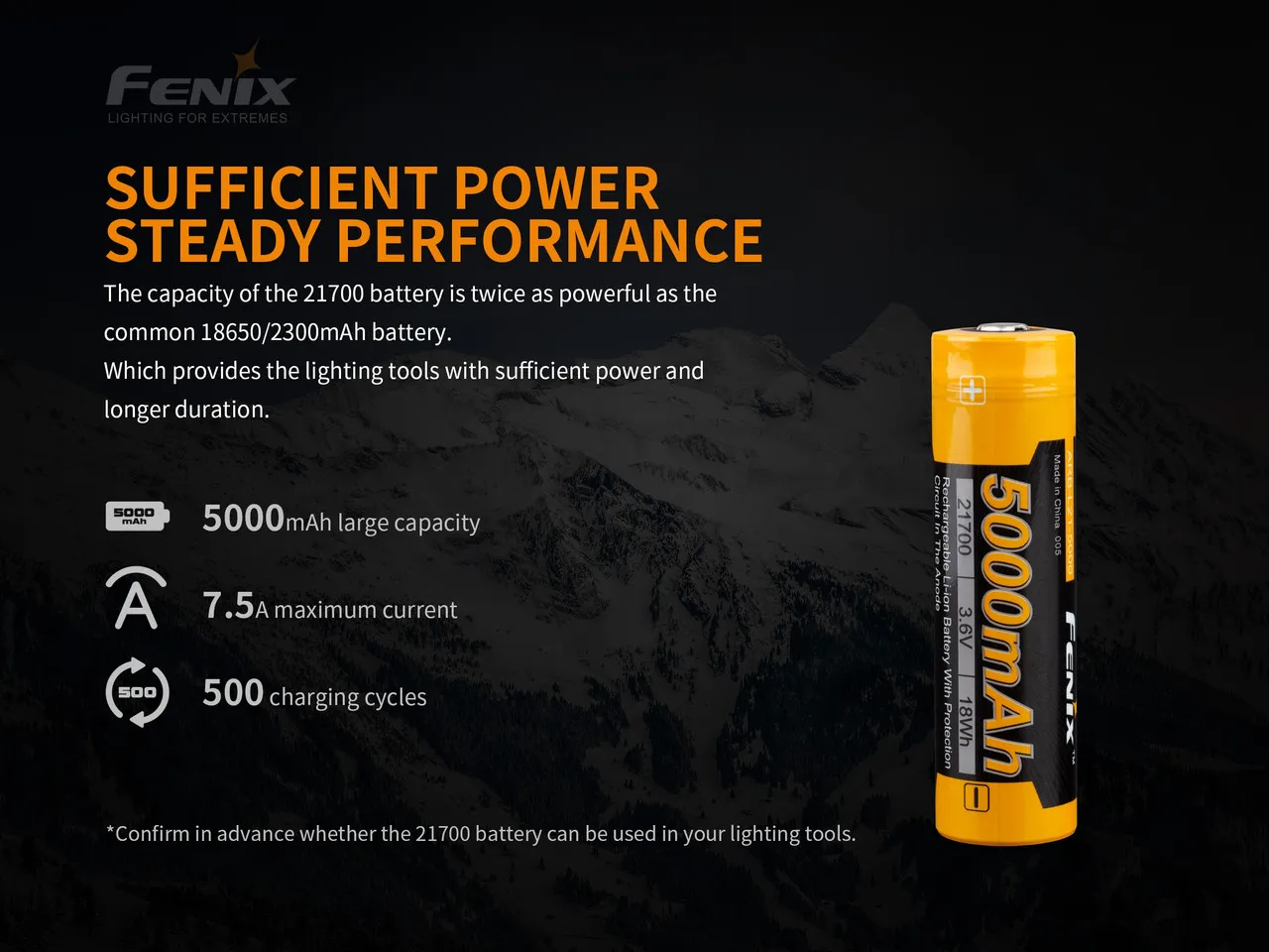 Fenix ARB-L21-5000 V2.0 Protected Rechargeable 21700 Li-ion battery showcasing power and performance specifications.