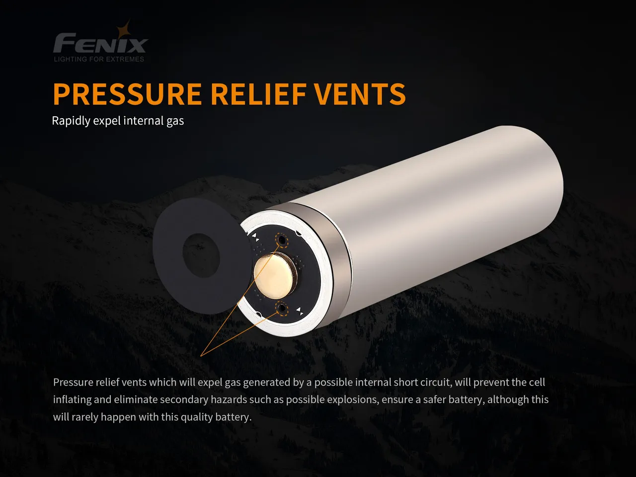 Cutaway diagram of Fenix ARB-L21-5000 V2.0 Protected Rechargeable 21700 Li-ion battery showing pressure relief vents.