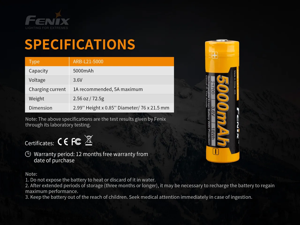 Fenix ARB-L21-5000 V2.0 Protected Rechargeable 21700 Li-ion battery with detailed specifications table.