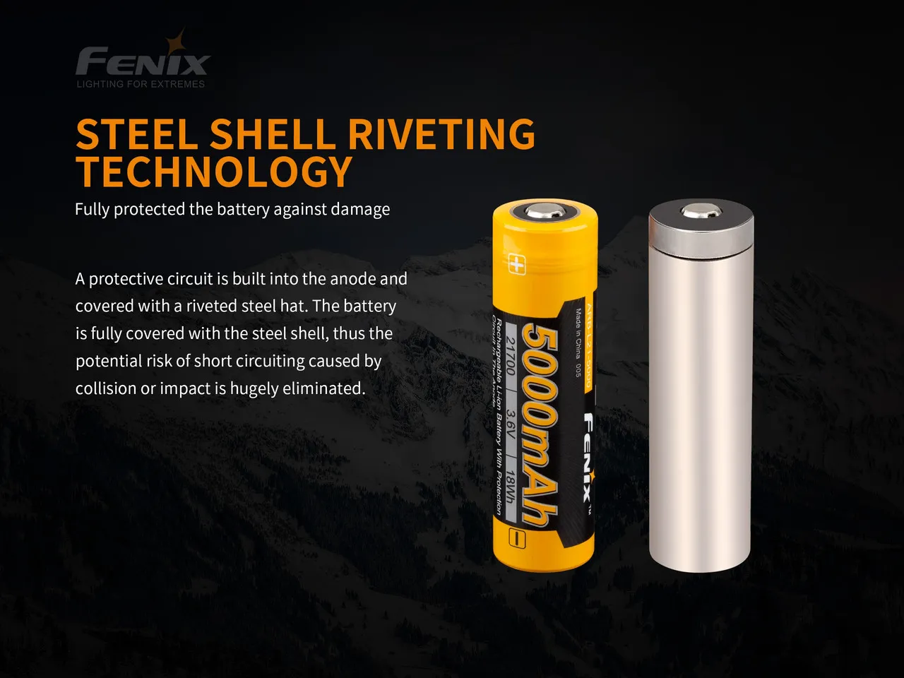 Fenix ARB-L21-5000 V2.0 Protected Rechargeable 21700 Li-ion battery with steel shell riveting technology.