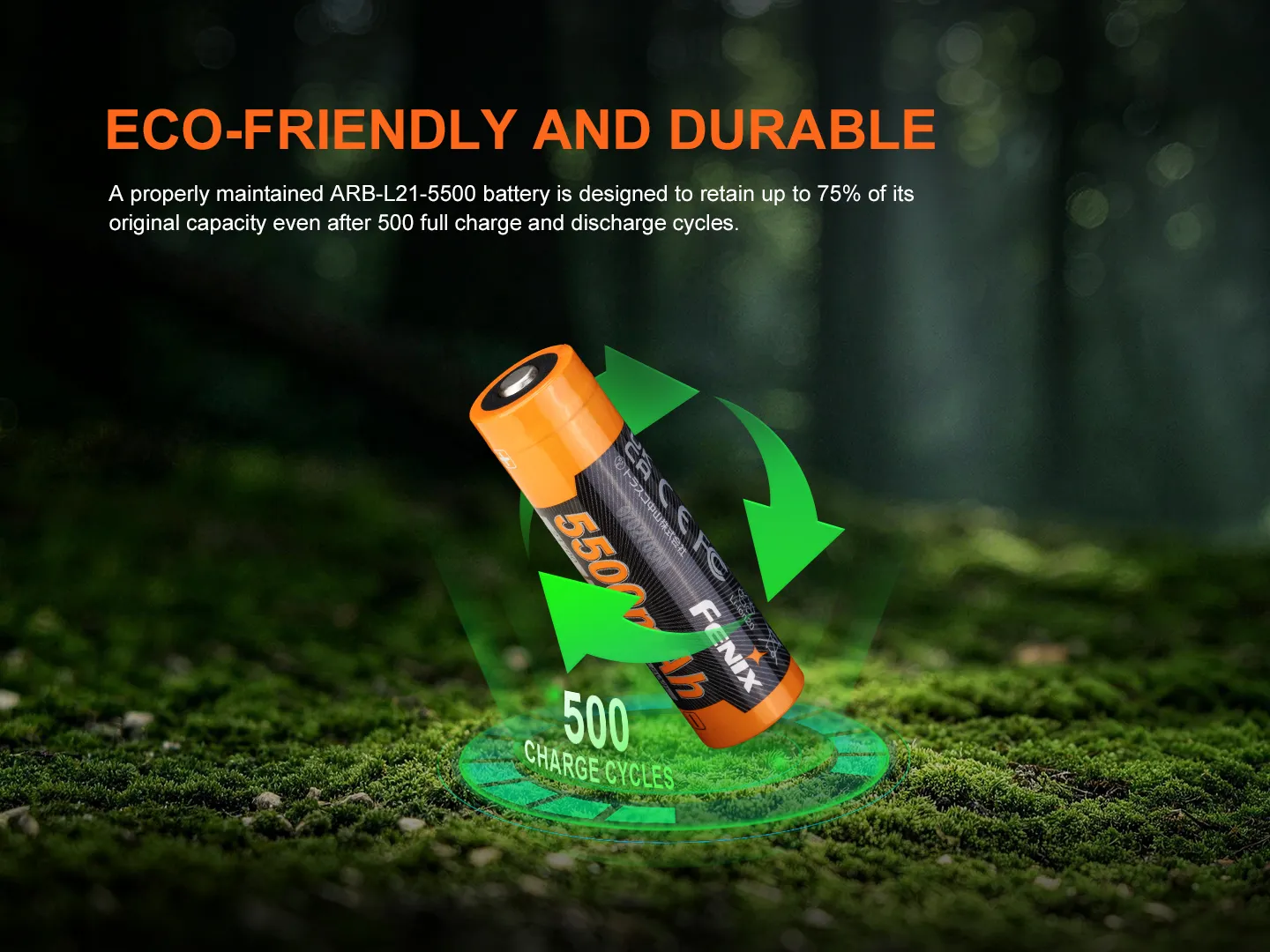 Fenix ARB-L21-5500 - 5500mAh Protected Rechargeable 21700 Li-ion Battery showing 500 charge cycles.
