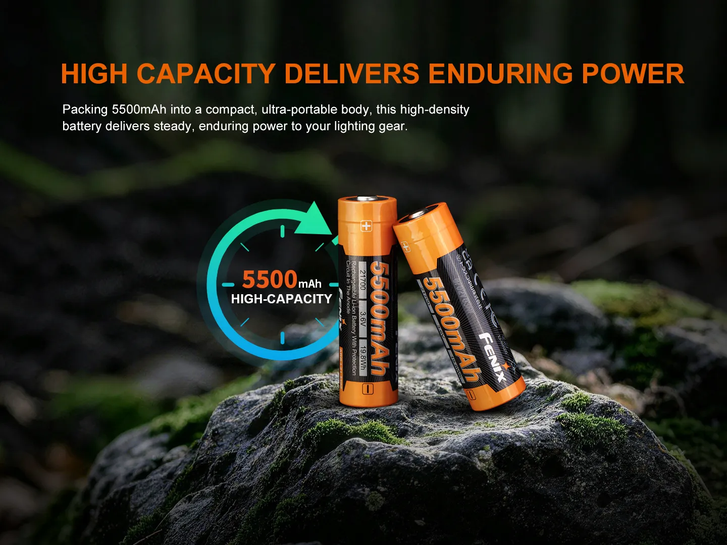 Two Fenix ARB-L21-5500 - 5500mAh Protected Rechargeable 21700 Li-ion Batteries on rocks.