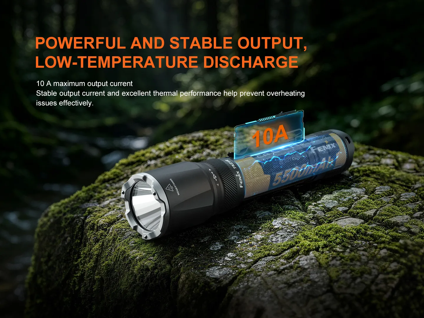 Fenix ARB-L21-5500 - 5500mAh Protected Rechargeable 21700 Li-ion Battery in a flashlight showing 10A output.