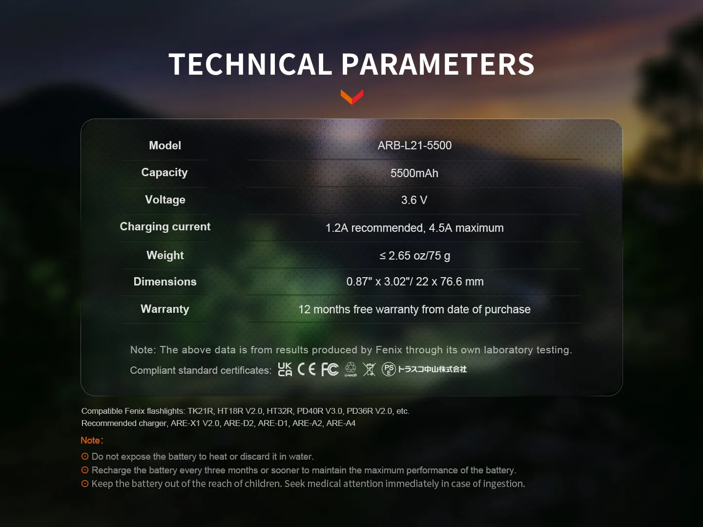 Technical parameters for the Fenix ARB-L21-5500 - 5500mAh Protected Rechargeable 21700 Li-ion Battery.