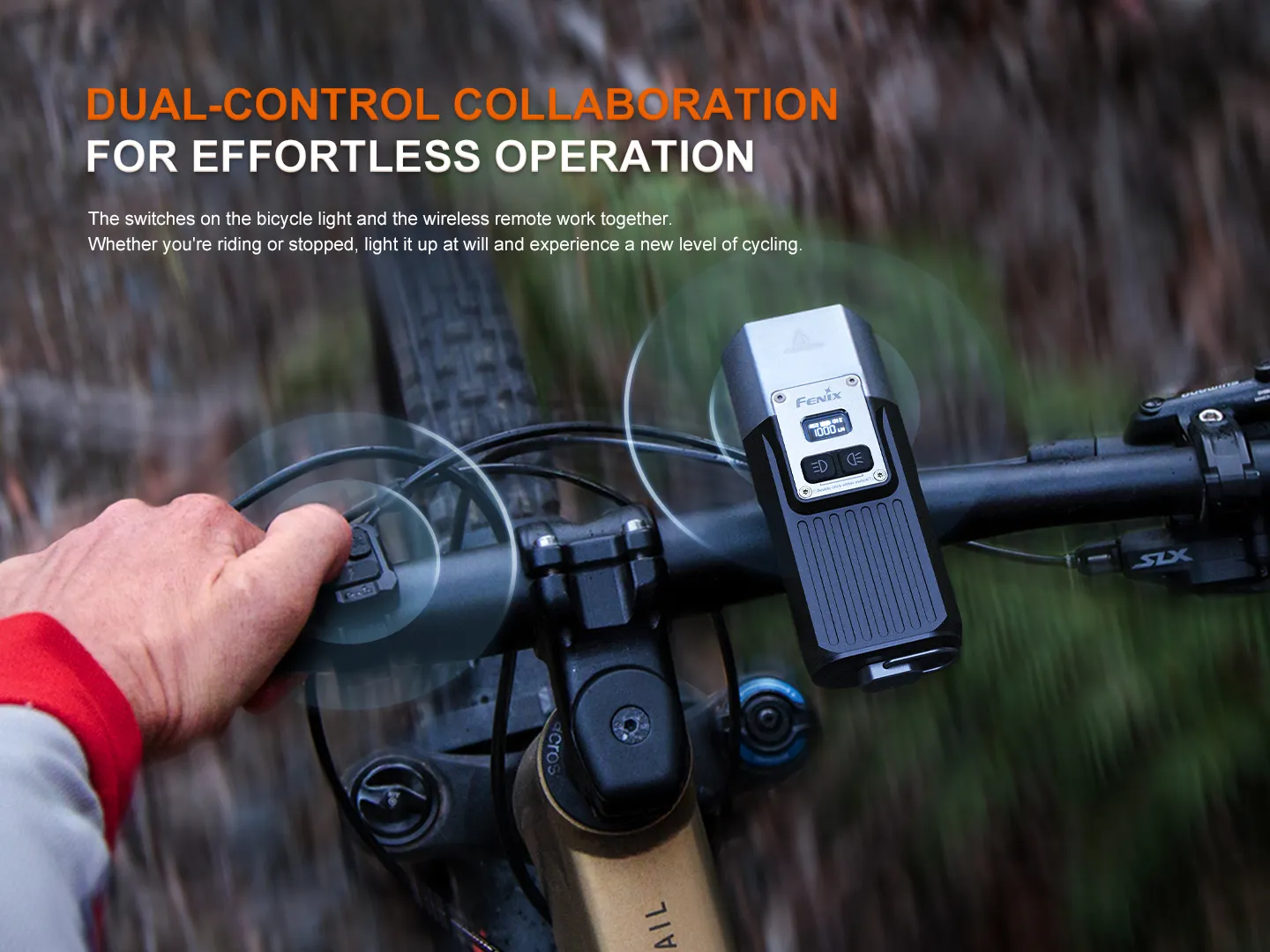 Rider's hand operating the wireless remote control for the Fenix BC45R bicycle light on handlebars.