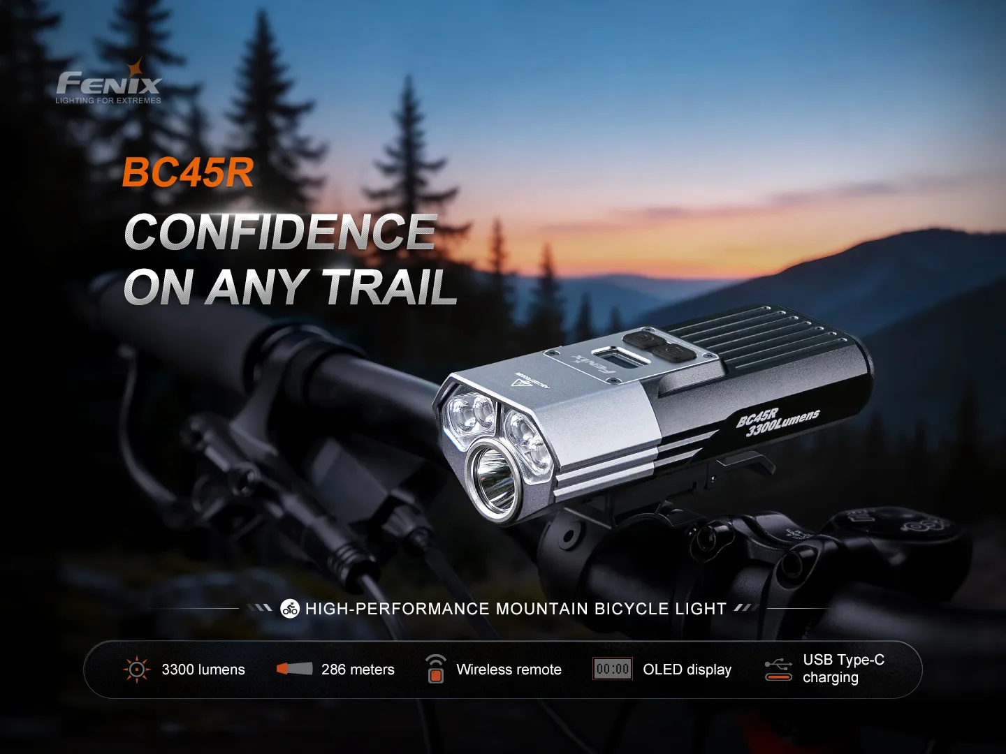 Fenix BC45R 3300 lumens bicycle light mounted on handlebars with a scenic sunset mountain background.