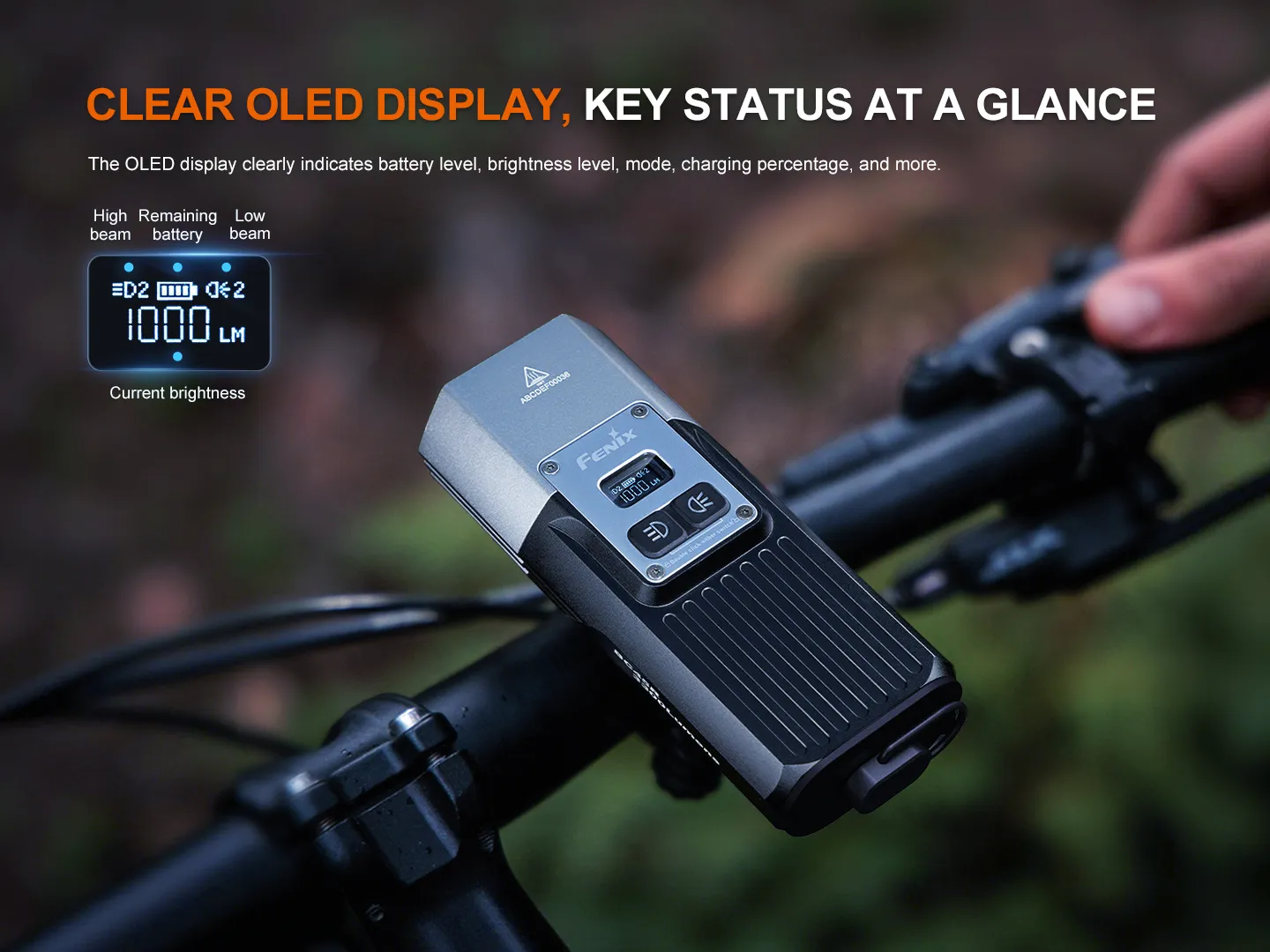 Close-up of Fenix BC45R bicycle light's clear OLED display showing battery level and brightness.