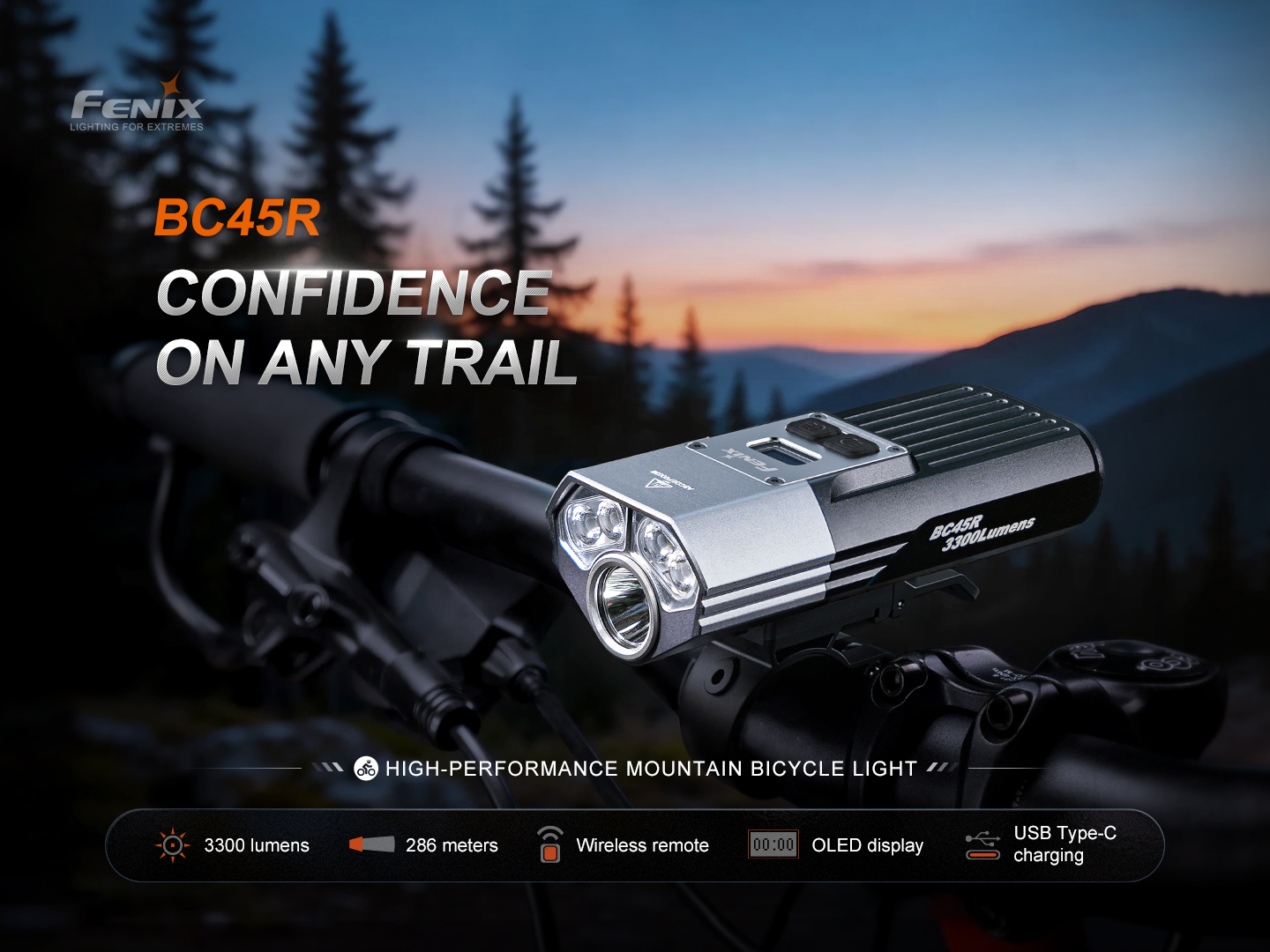Fenix BC45R high-performance mountain bicycle light mounted on handlebars against a scenic dusk background.