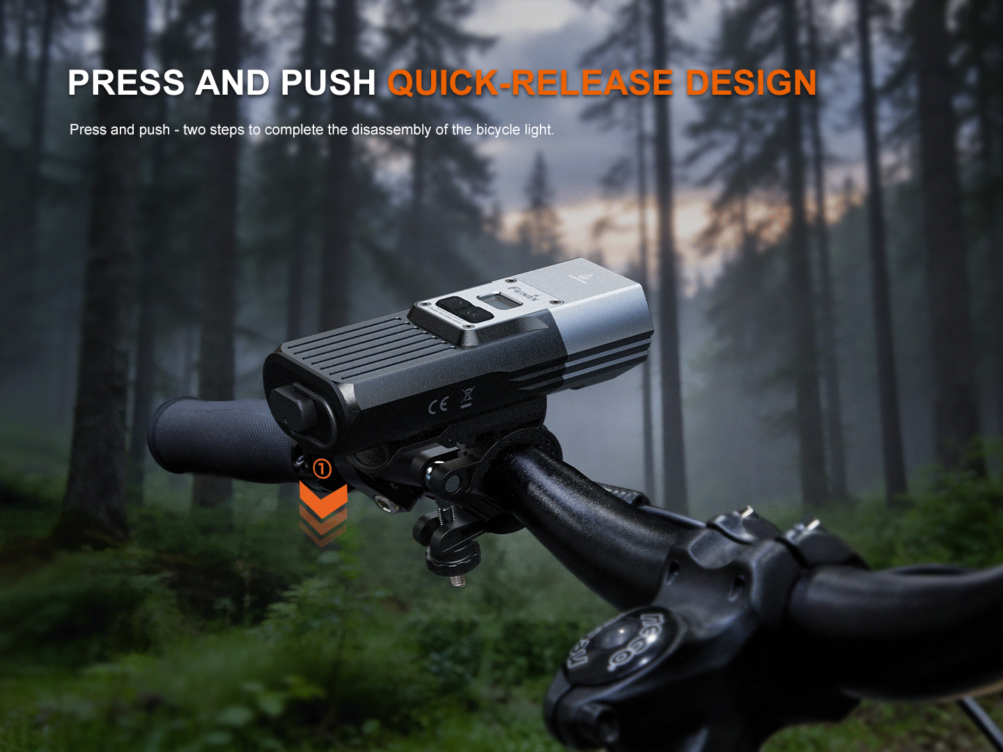 Fenix BC45R bicycle light mounted on handlebars, illustrating its quick-release design for easy removal.
