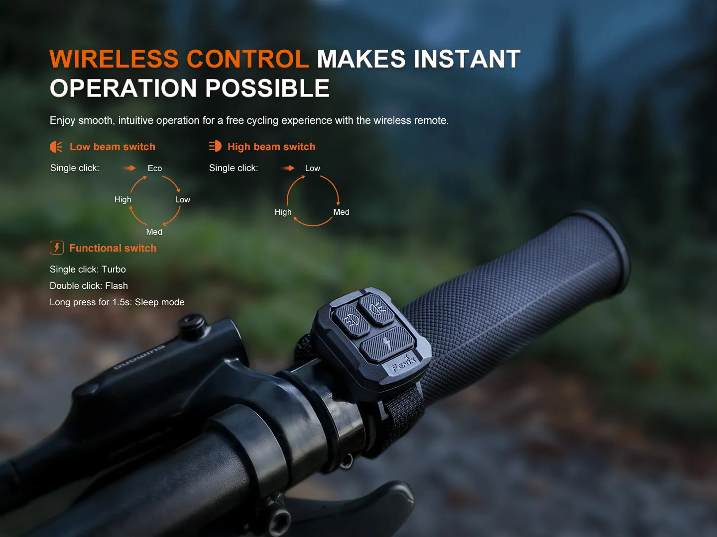 Fenix BC45R bicycle light's wireless remote control mounted on handlebars for easy operation.