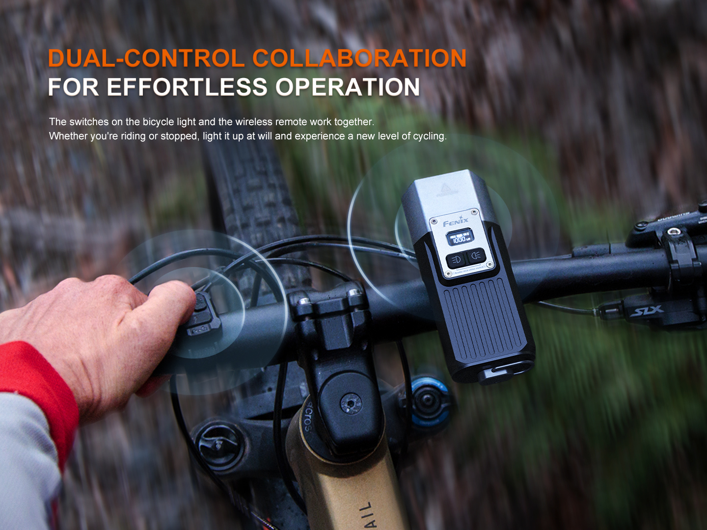 Rider's hand operating Fenix BC45R bicycle light's wireless remote, showing dual-control functionality.