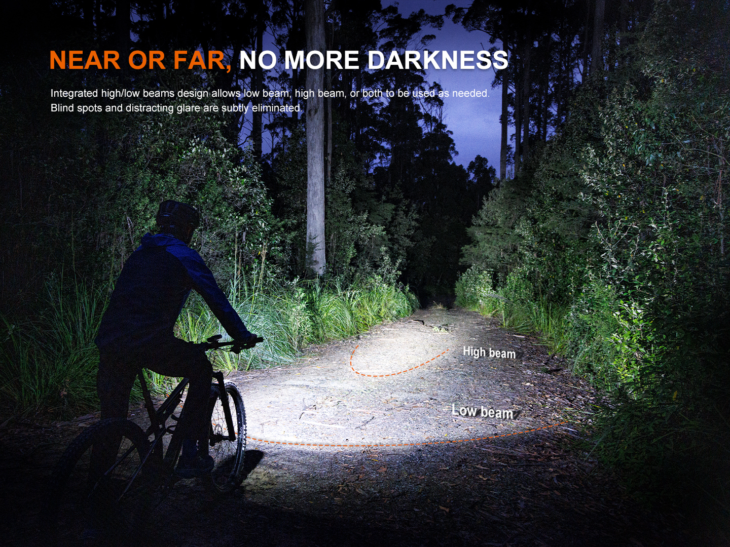 Cyclist riding on a dark trail, showing Fenix BC45R bicycle light's distinct high and low beam patterns.