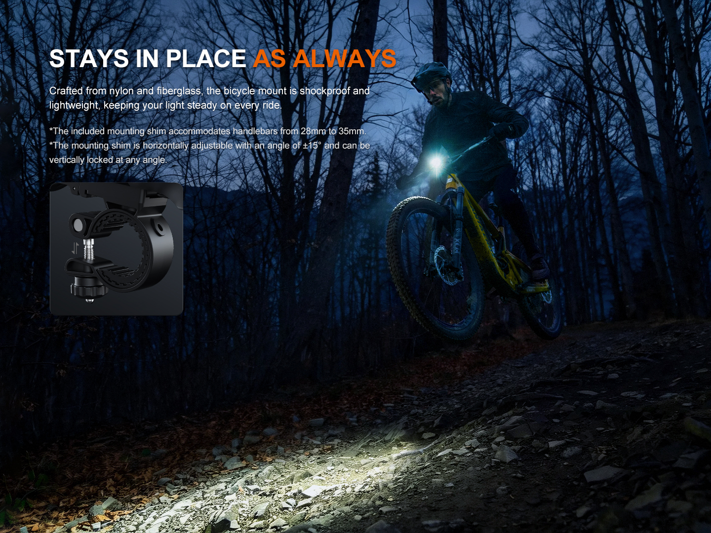 Mountain biker riding downhill at night, illuminated by the steady Fenix BC45R bicycle light.
