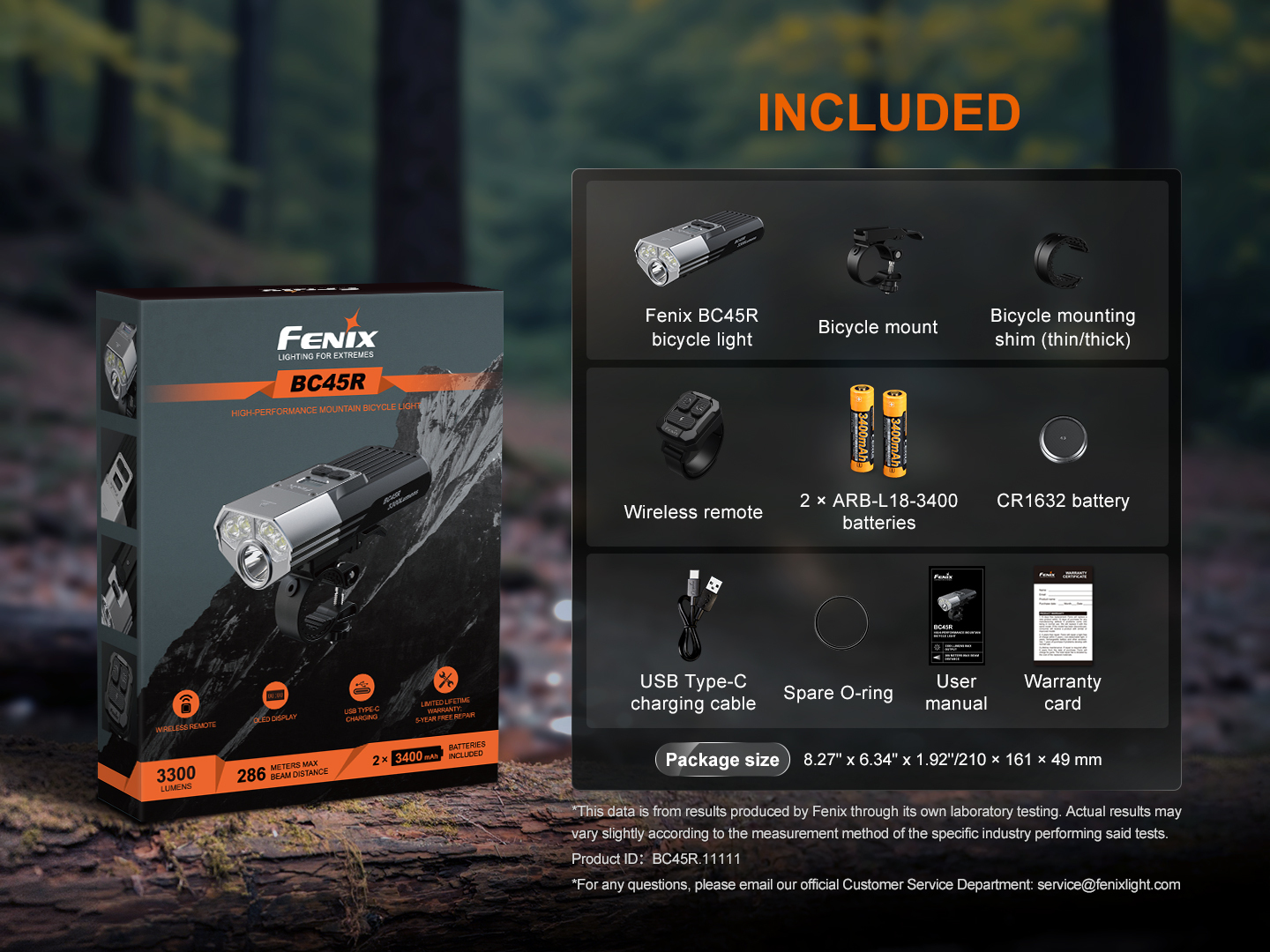 Fenix BC45R bicycle light packaging box and a detailed list of all included accessories.