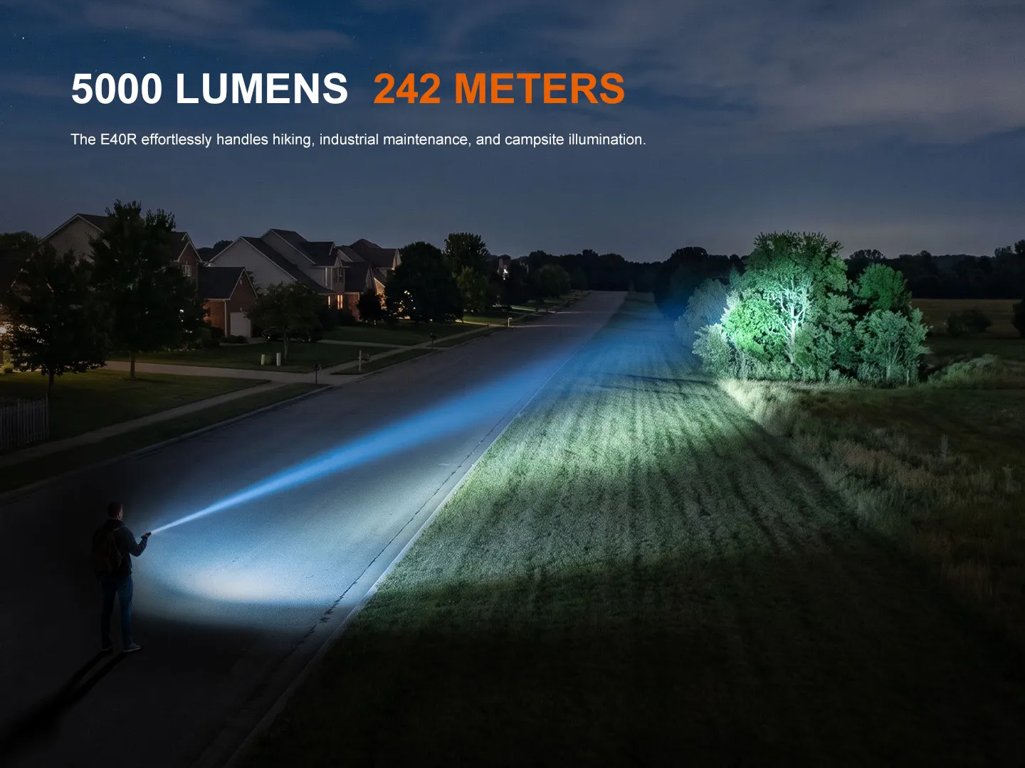 Fenix E40R - 5000 Lumen Rechargeable EDC Torch illuminating a street and tree with its powerful 242-meter beam at night.
