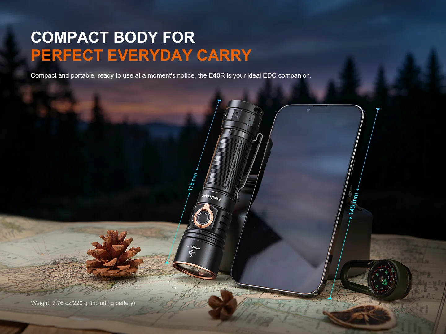 Fenix E40R - 5000 Lumen Rechargeable EDC Torch next to a smartphone on a map, highlighting its compact size.