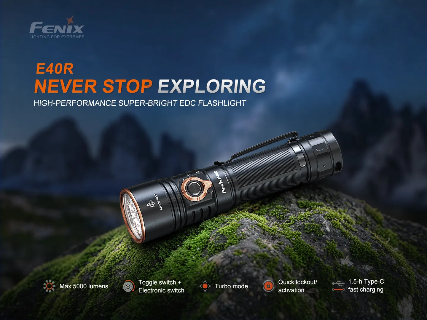 Fenix E40R - 5000 Lumen Rechargeable EDC Torch on rocks, showcasing key features for exploration.