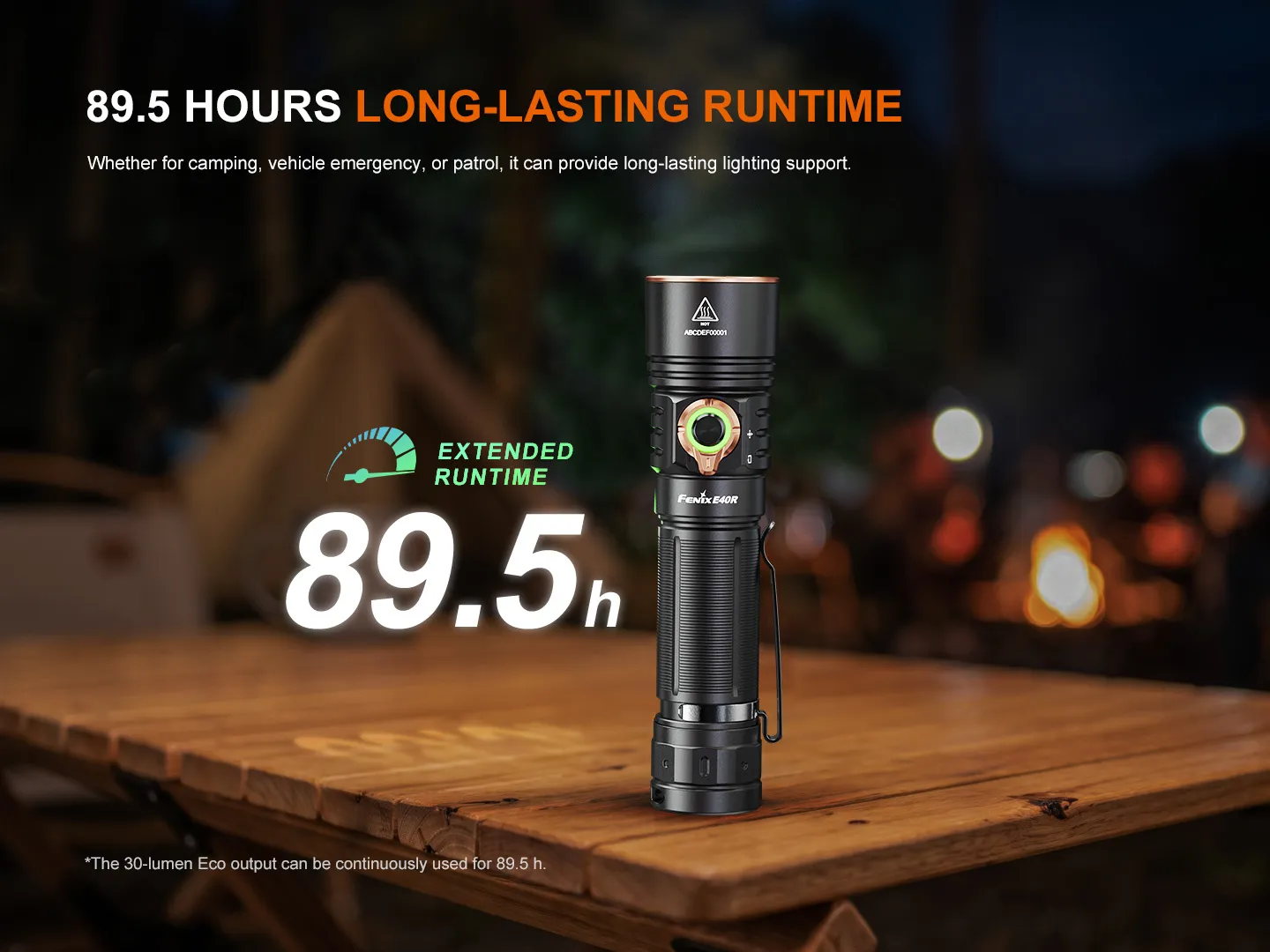 Fenix E40R - 5000 Lumen Rechargeable EDC Torch standing on a table, highlighting its 89.5-hour extended runtime.