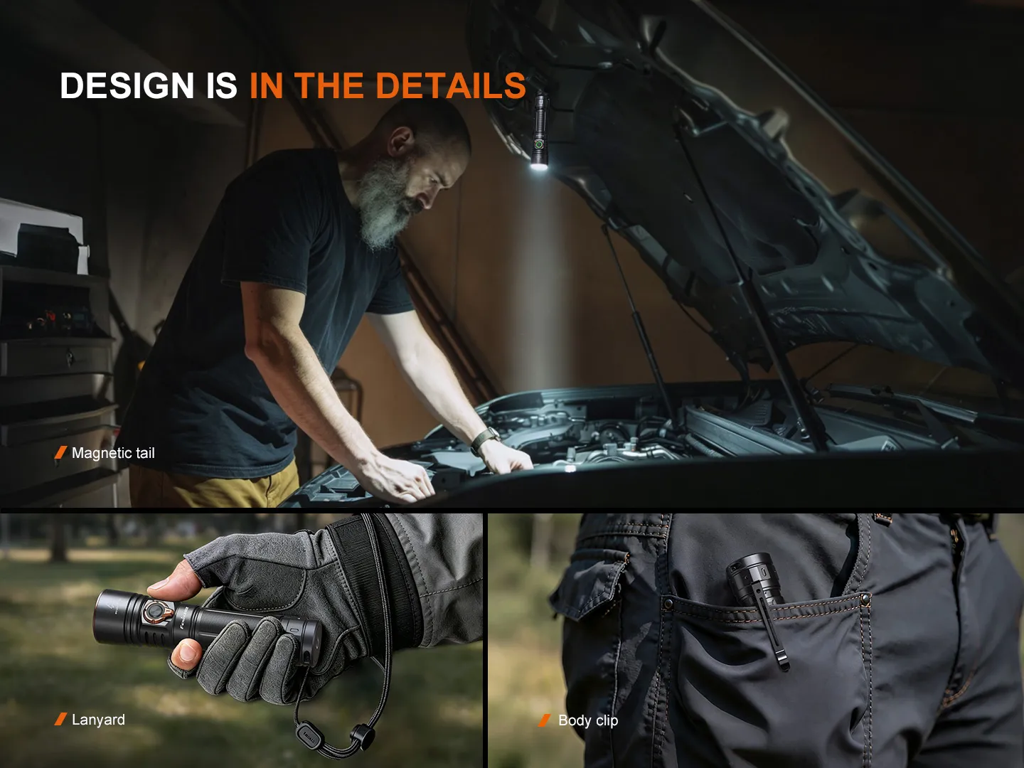 Fenix E40R - 5000 Lumen Rechargeable EDC Torch showing magnetic tail, body clip, and lanyard features.