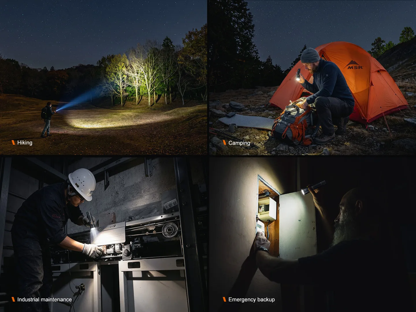 Fenix E40R - 5000 Lumen Rechargeable EDC Torch used for hiking, camping, industrial maintenance, and emergency backup.