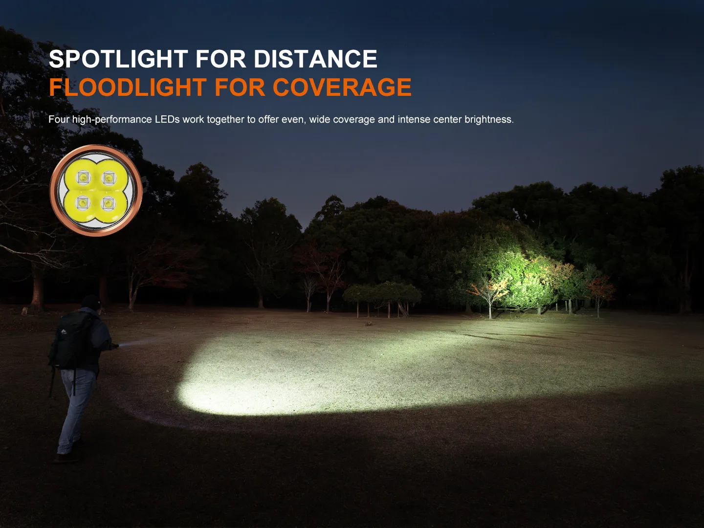 Fenix E40R - 5000 Lumen Rechargeable EDC Torch illuminating a field with its wide floodlight beam at night.