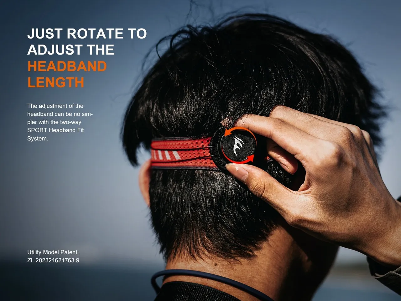 Person adjusting the headband length of the Fenix HL18R-T V2.0 Lightweight 800 lumen rechargeable trail-running headlamp.