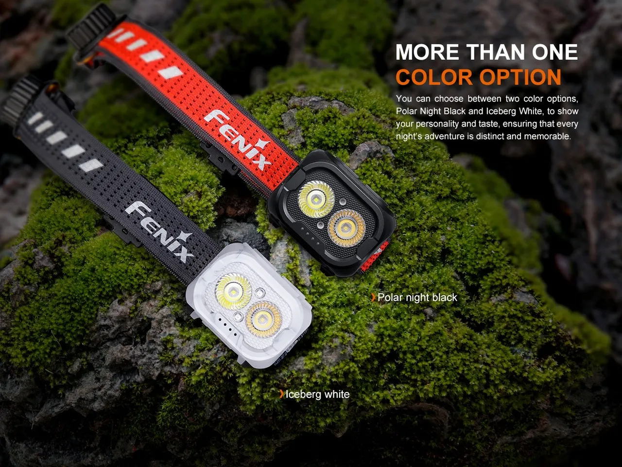 Fenix HL18R-T V2.0 Lightweight 800 lumen rechargeable trail-running headlamp in Polar Night Black and Iceberg White.