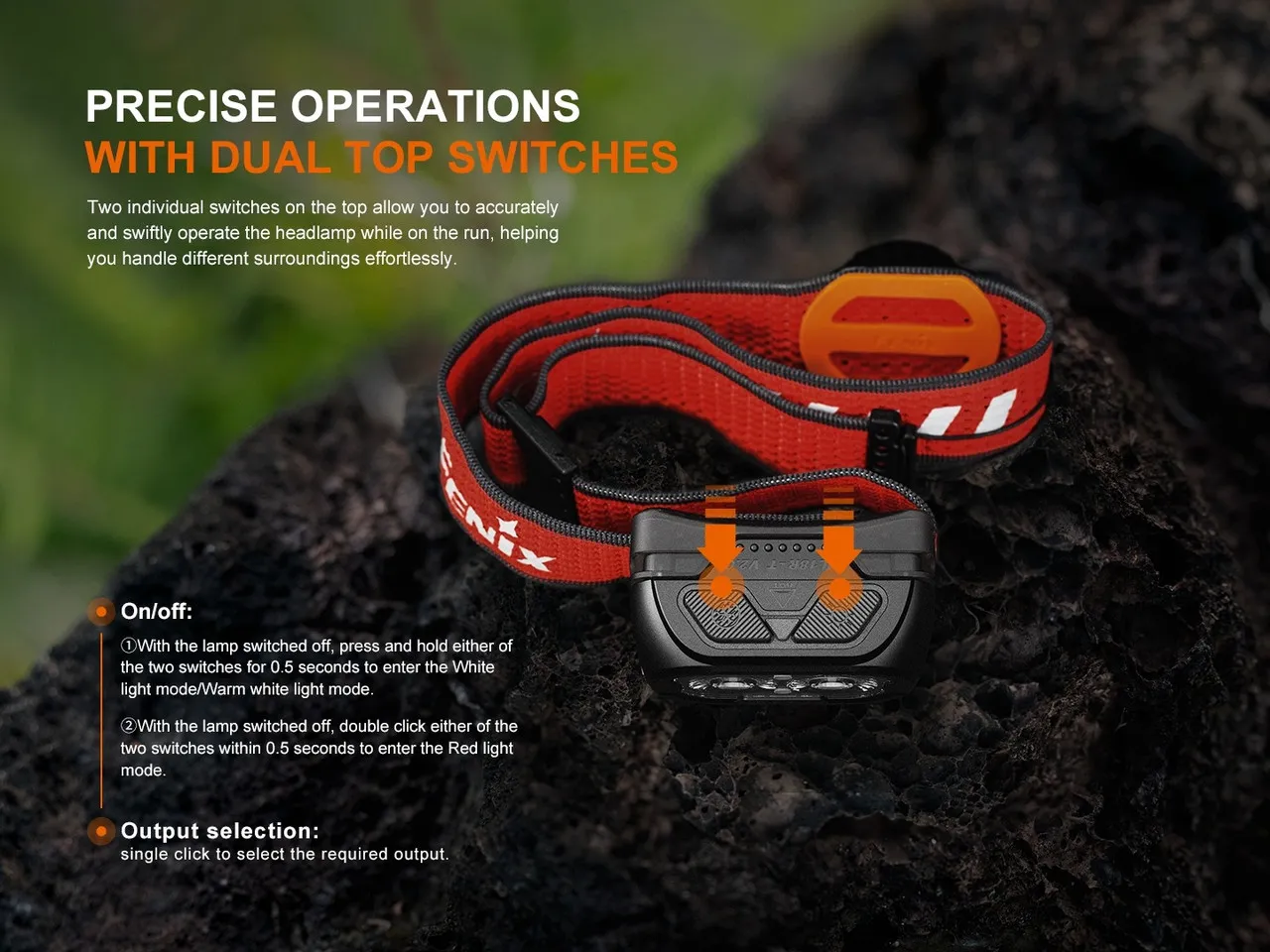 Fenix HL18R-T V2.0 Lightweight 800 lumen rechargeable trail-running headlamp showing dual top switches for operation.