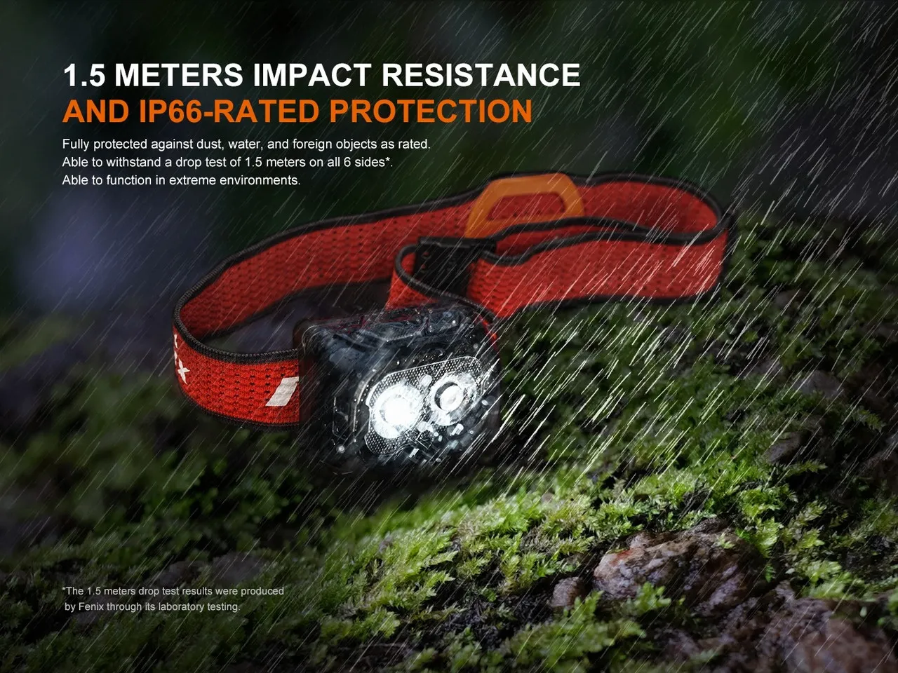 Fenix HL18R-T V2.0 Lightweight 800 lumen rechargeable trail-running headlamp in rain, showing IP66 protection.
