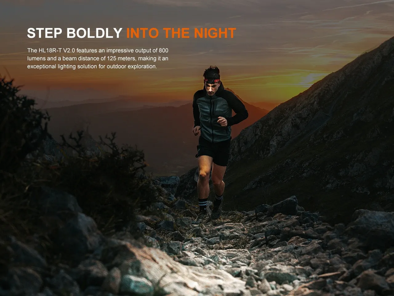 Trail runner at sunset wearing the Fenix HL18R-T V2.0 Lightweight 800 lumen rechargeable trail-running headlamp.
