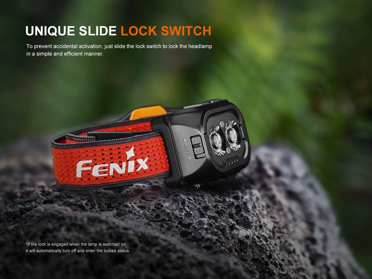 Close-up of the Fenix HL18R-T V2.0 Lightweight 800 lumen rechargeable trail-running headlamp showing the slide lock switch.