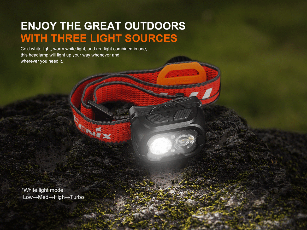 Fenix HL18R-T V2.0 Lightweight 800 lumen rechargeable trail-running headlamp with white light on, showing three light sources.