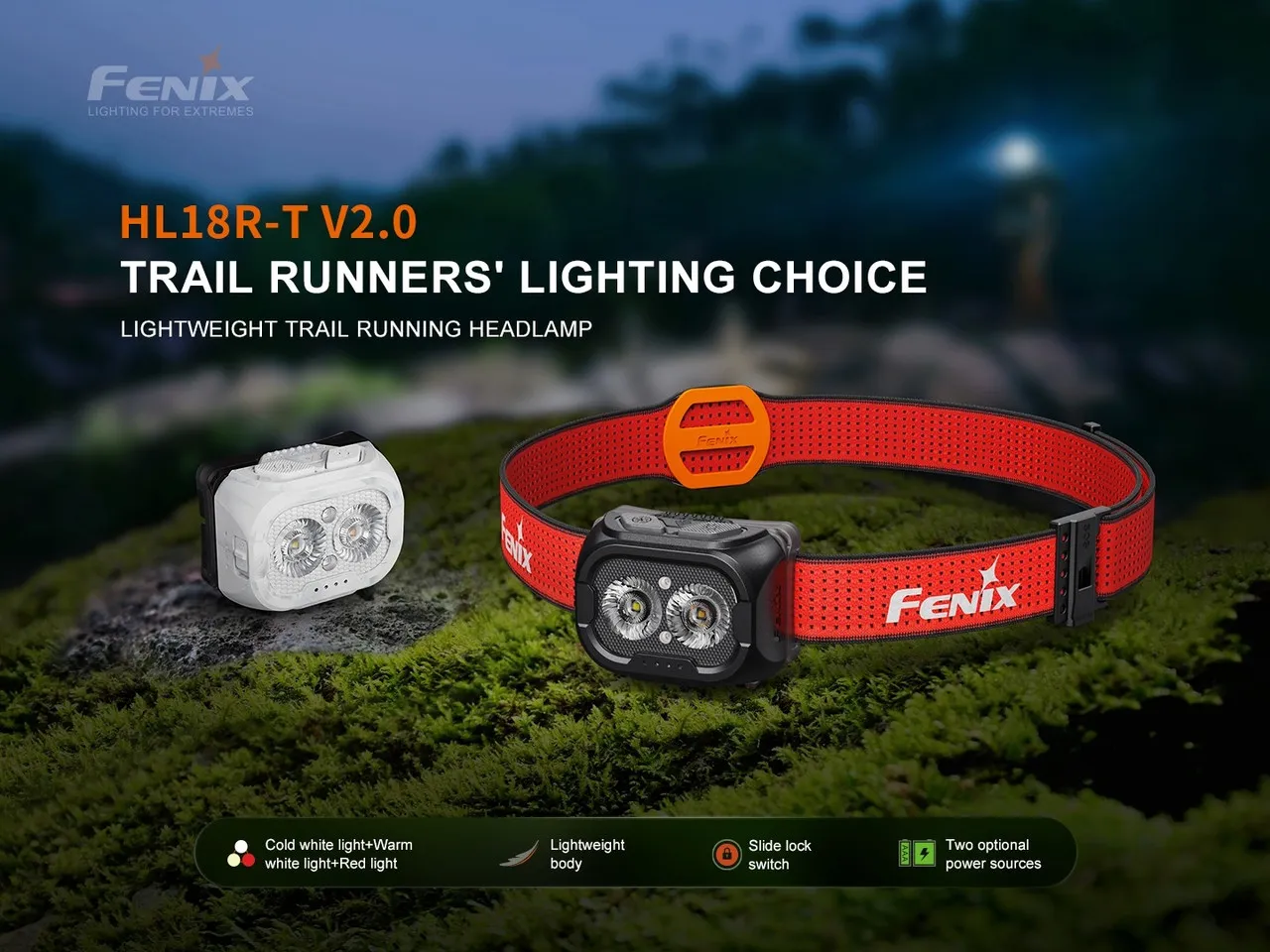 Fenix HL18R-T V2.0 Lightweight 800 lumen rechargeable trail-running headlamp in black and white, highlighting features.
