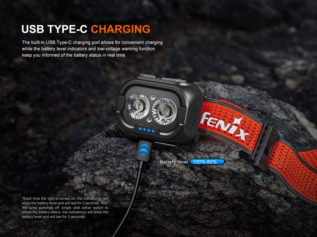 Fenix HL18R-T V2.0 Lightweight 800 lumen rechargeable trail-running headlamp charging via USB-C, showing battery level.