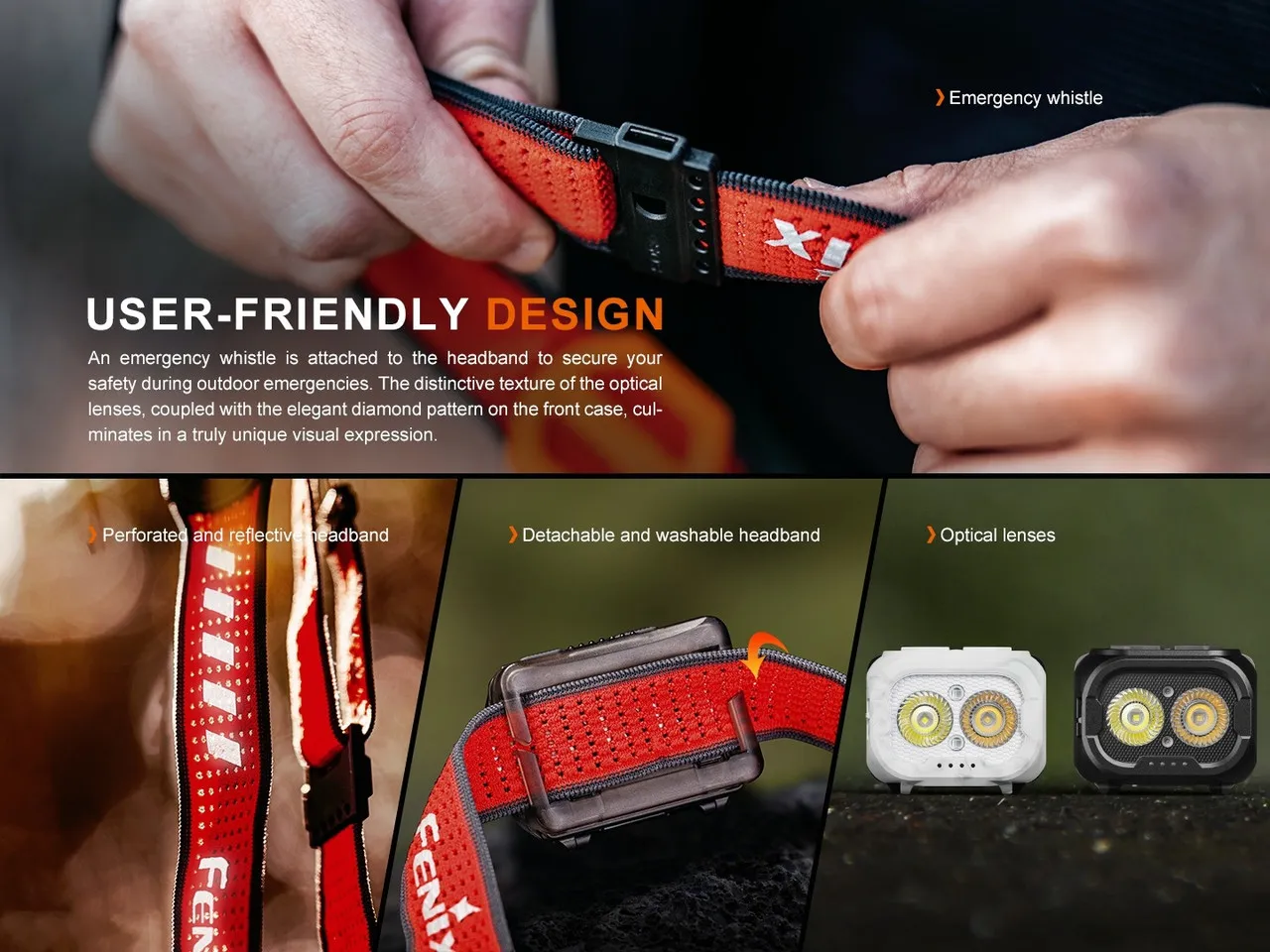 Fenix HL18R-T V2.0 Lightweight 800 lumen rechargeable trail-running headlamp features: whistle, reflective headband, lenses.