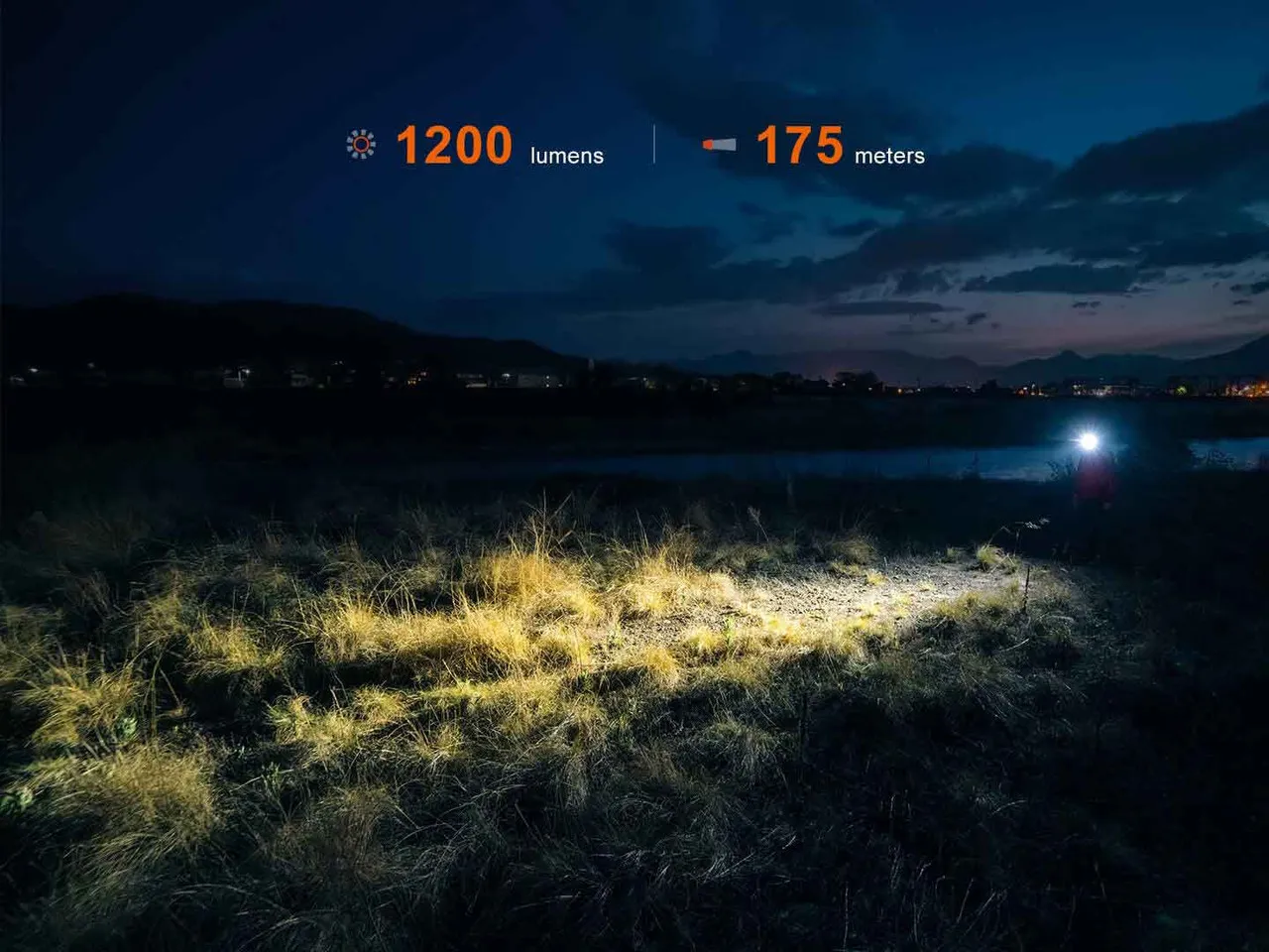 Fenix HM55R 1200 Lumen Lightweight Multi-LED Rechargeable Headlight beam illuminating grass at 175 meters.