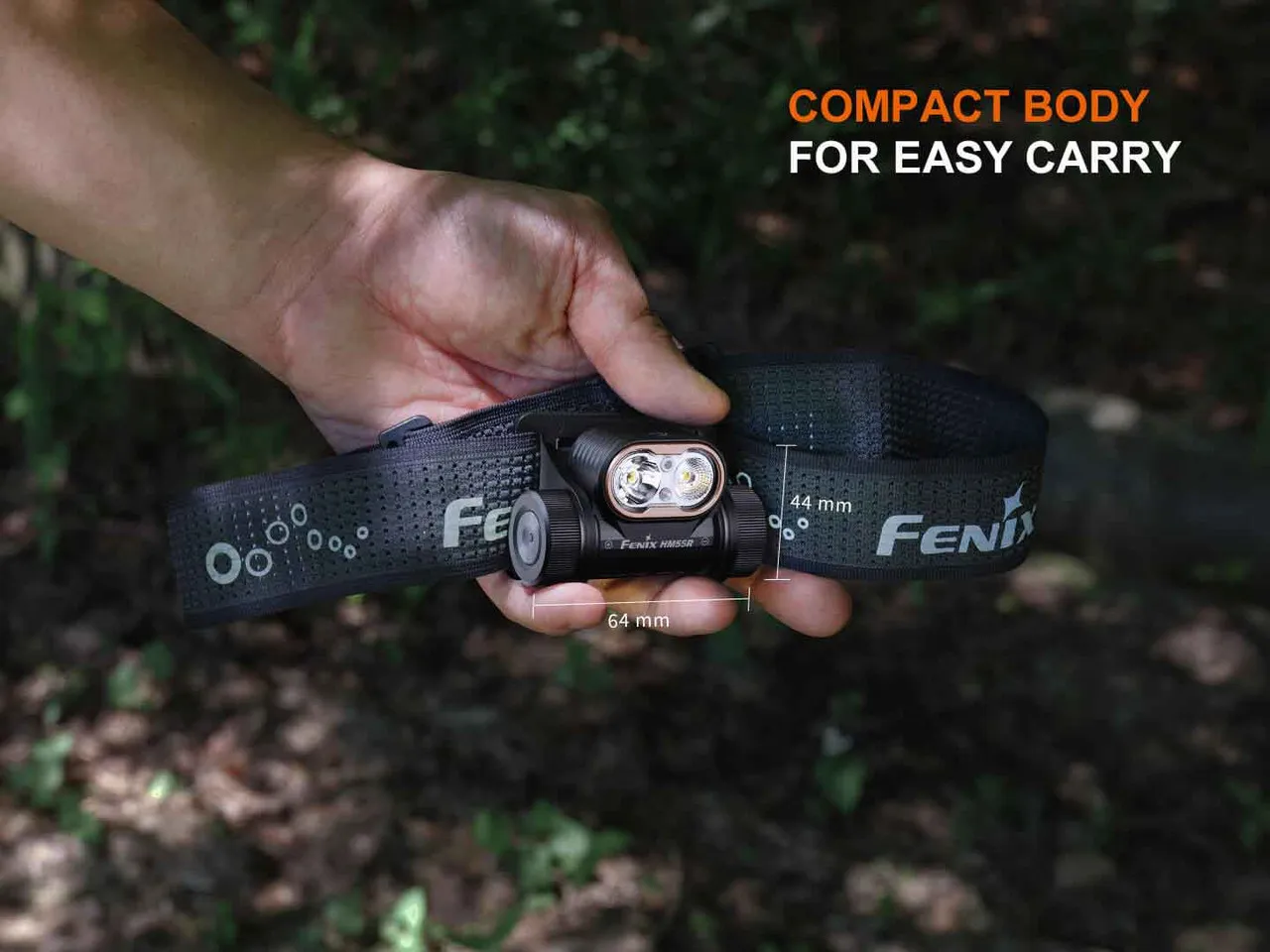 Fenix HM55R 1200 Lumen Lightweight Multi-LED Rechargeable Headlight compact body with 64mm and 44mm dimensions.