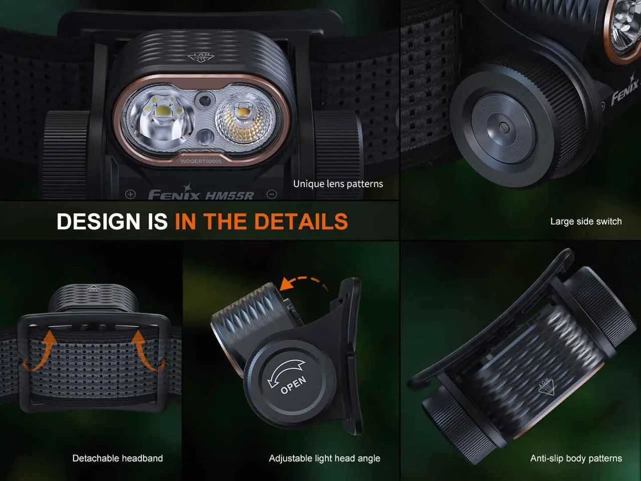 Fenix HM55R 1200 Lumen Lightweight Multi-LED Rechargeable Headlight design details: lens, switch, headband, adjustable angle.