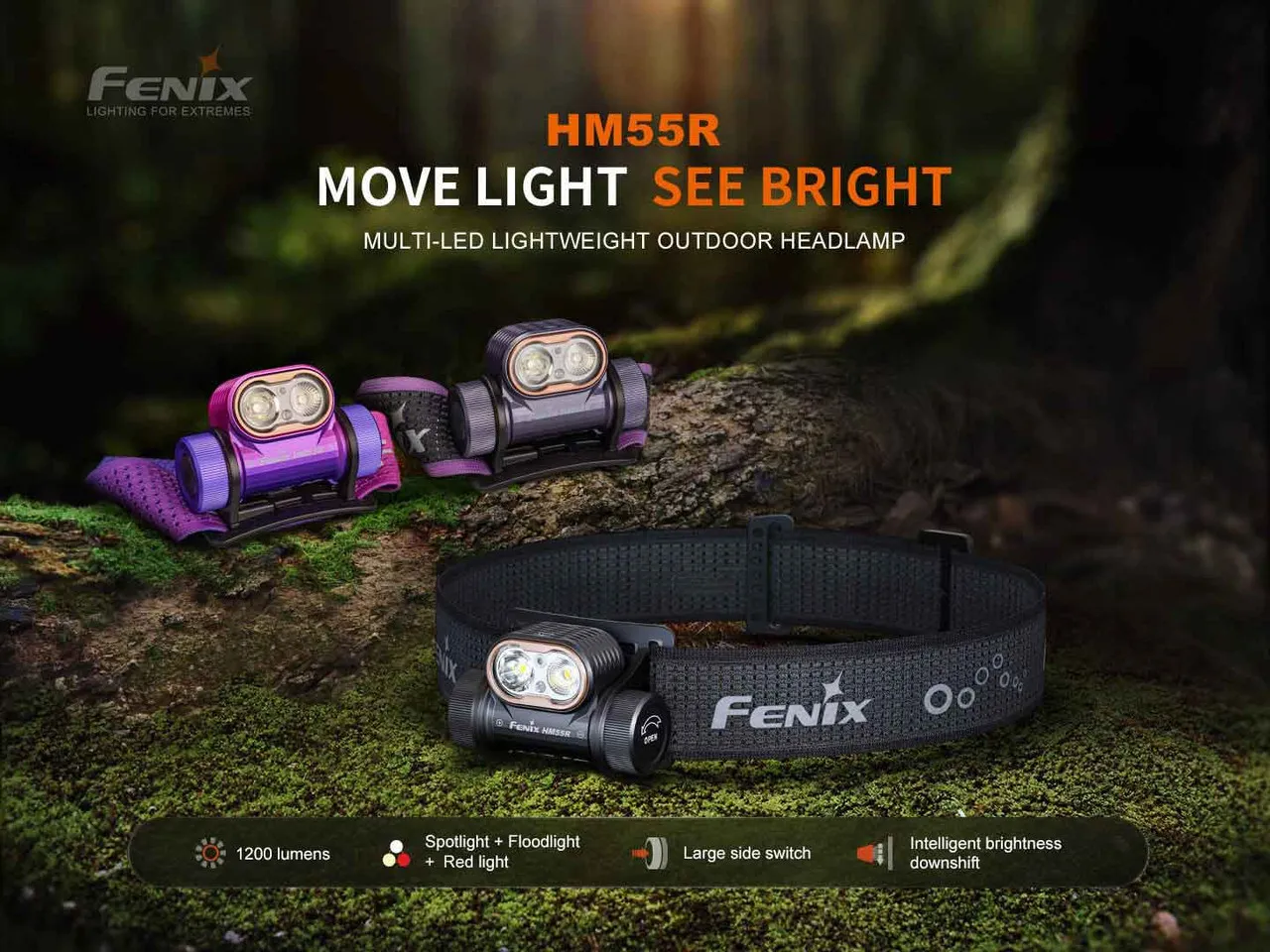 Fenix HM55R 1200 Lumen Lightweight Multi-LED Rechargeable Headlight promotional image with multiple units and features.